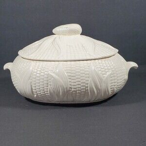 Vintage White Corn Casserole Dish Soup Dish with Lid 1981